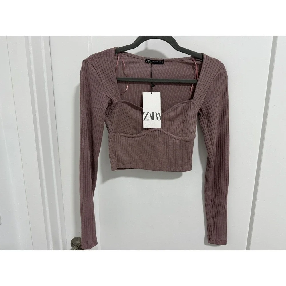 Zara Ribbed Knit Sweetheart Neck Long Sleeve Crop Top Mauve Small NWT